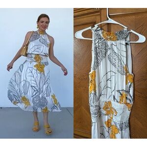 WHBM Floral Halter Midi Dress Size 2 White Black Yellow Sleeveless Elastic Waist